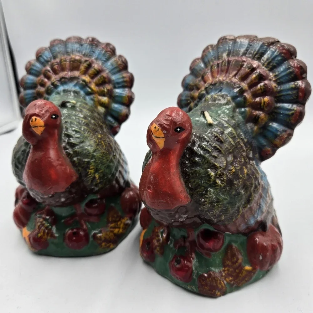 Set Vintage New Nos Turkey Candles Thanksgiving Fall 1950s MCM Colorful Primitiv